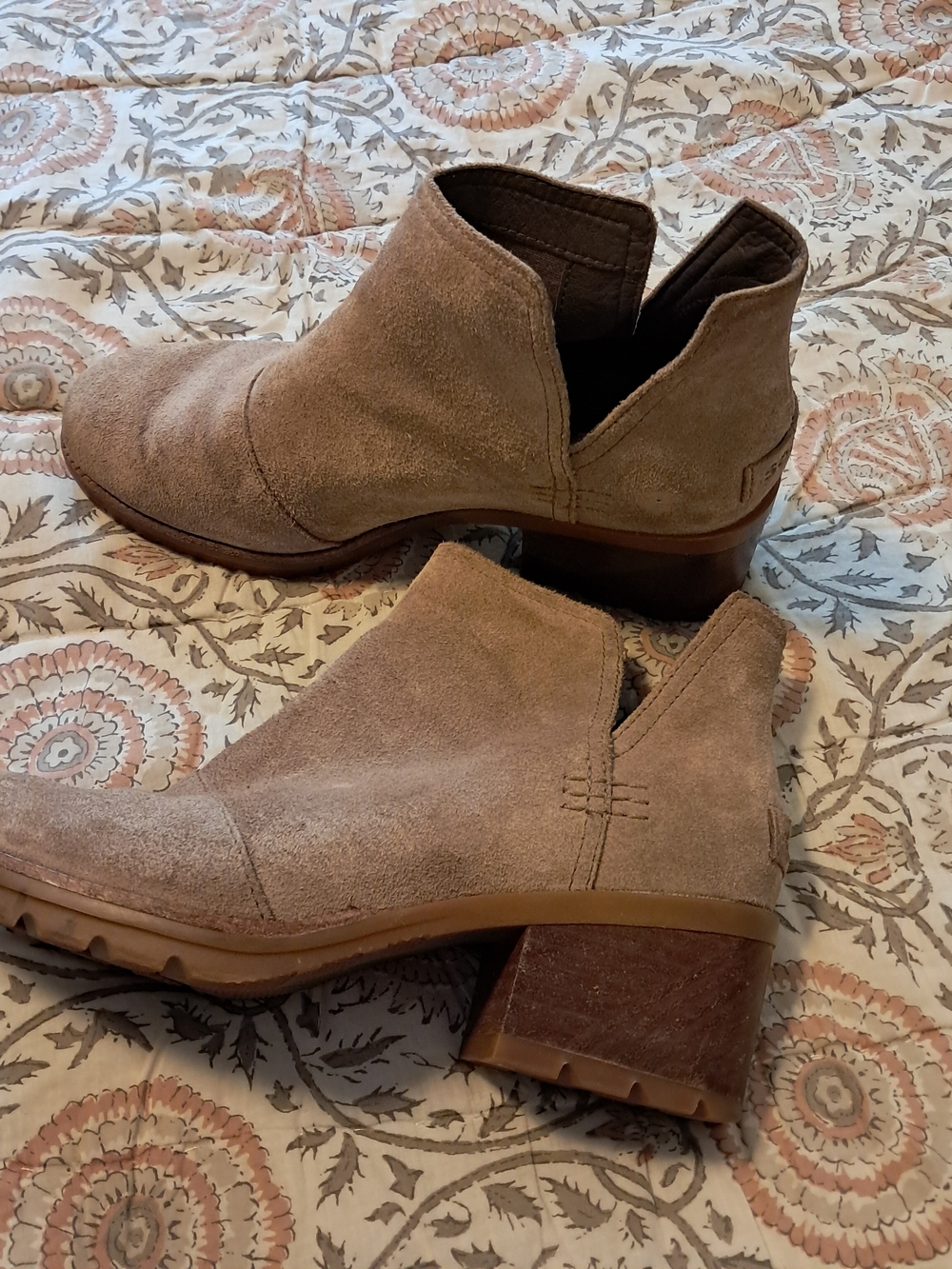 Sorel Taupe Suede Ankle Booties with Block Heel